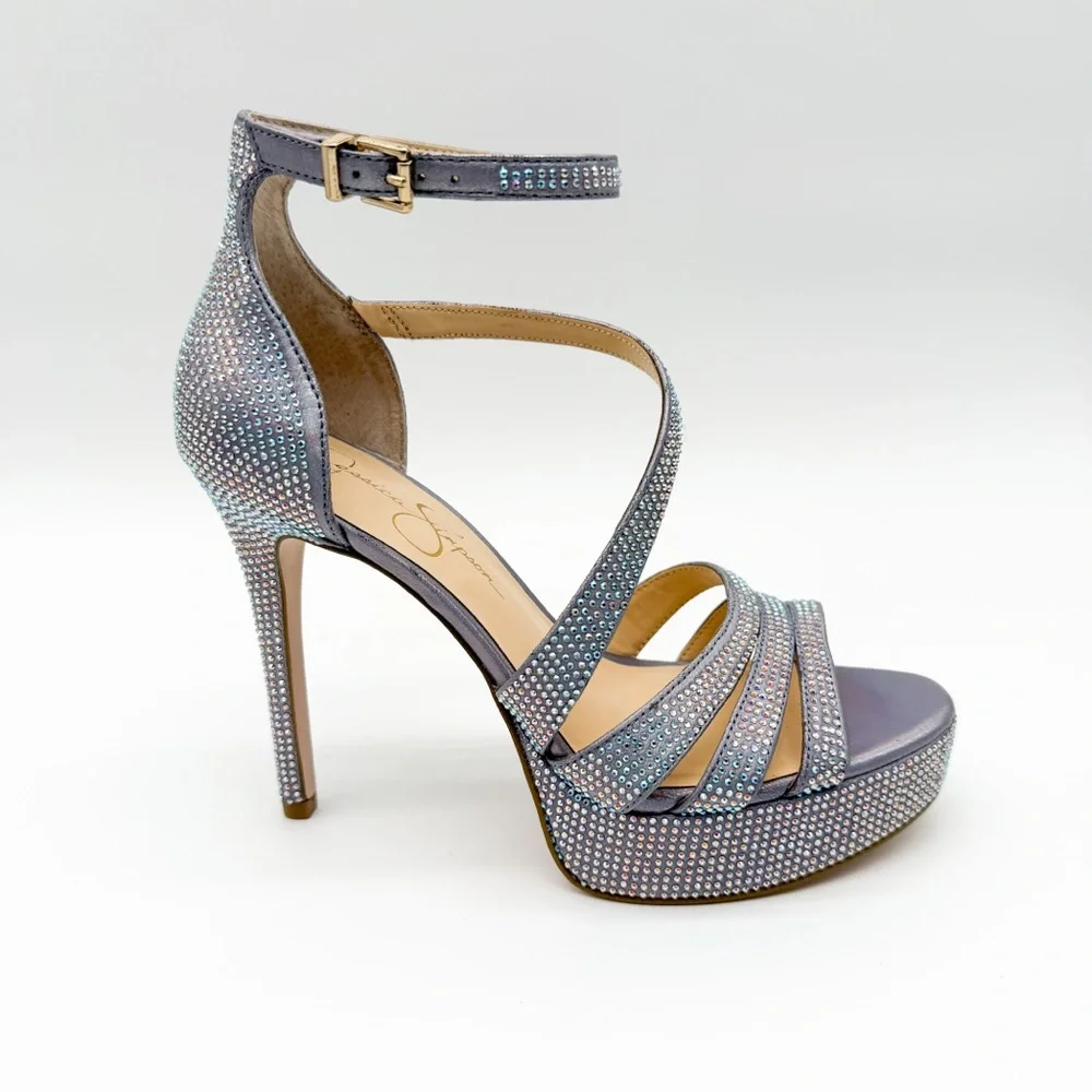 Jessica Simpson Shyremin Rhinestone Platform Stiletto Sandals Silver Glam 8 NEW